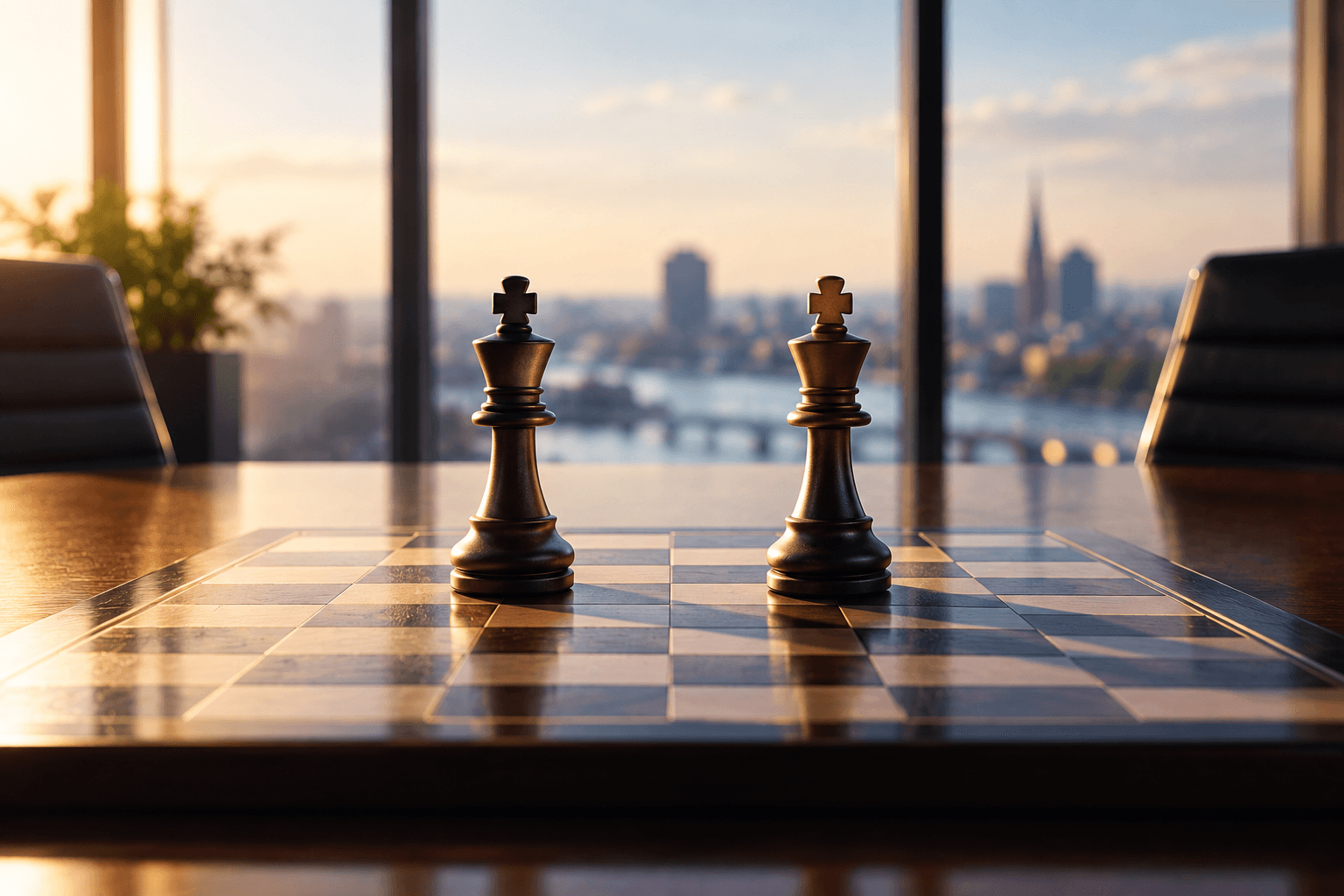 Two co-founders shaking hands across a table after agreeing an equal ownership split.