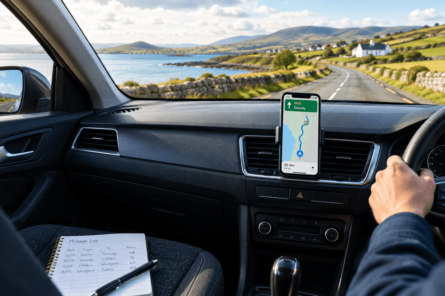 A car dashboard and a notebook mileage log on the passenger seat during a business journey.