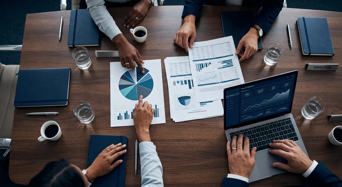 An overhead view of directors reviewing financial charts and a dashboard around a boardroom table.