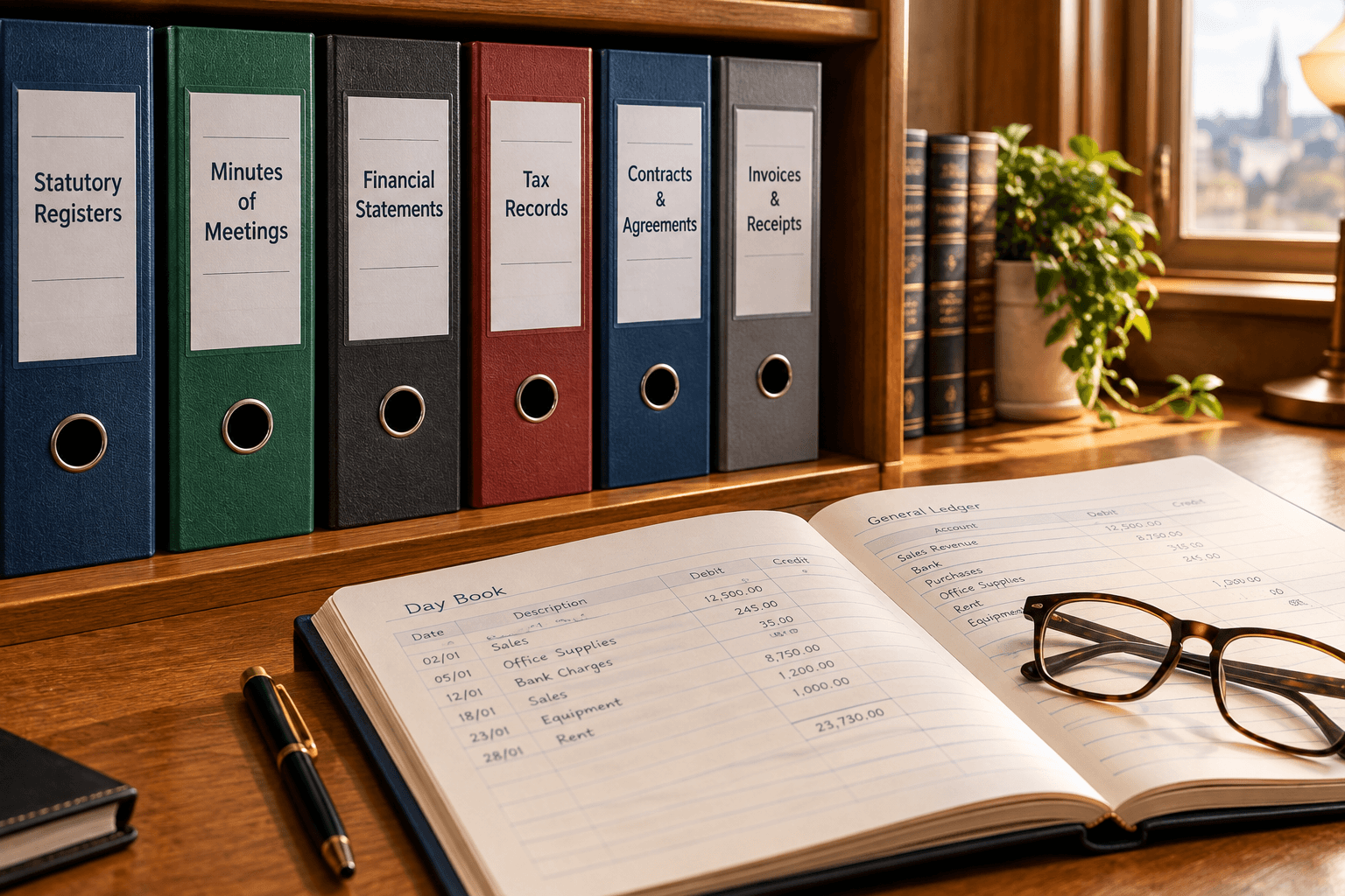 Accounting ledgers, invoices and receipts organised in folders on a desk.