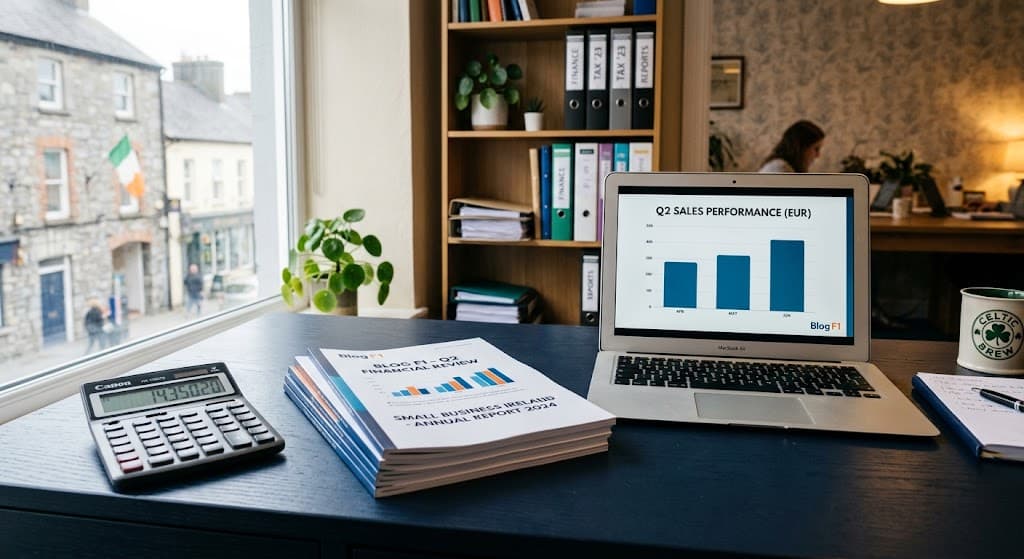 A small business owner reviewing company accounts and a corporation tax calculation at a desk.