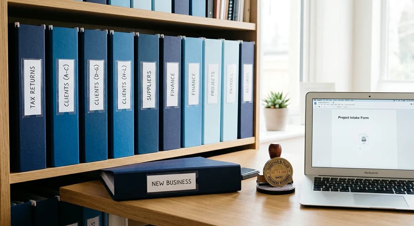 Labelled company record binders on a shelf beside a "received and filed" stamp and a laptop.