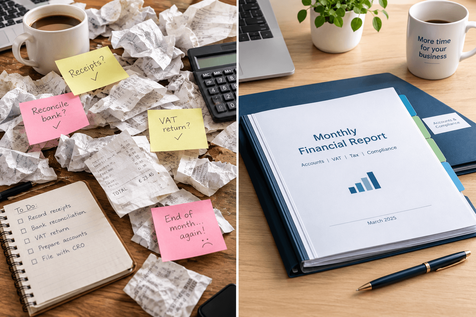 A small business owner sorting receipts next to a laptop running bookkeeping software.