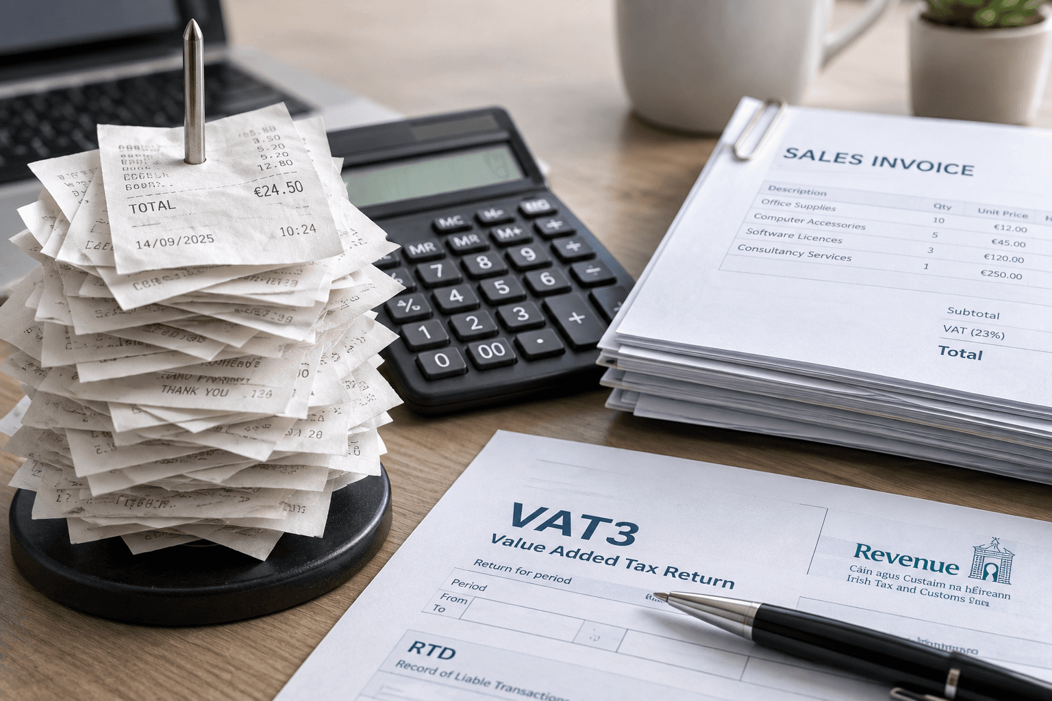 VAT invoices and a calculator beside a laptop being used to prepare a VAT return.