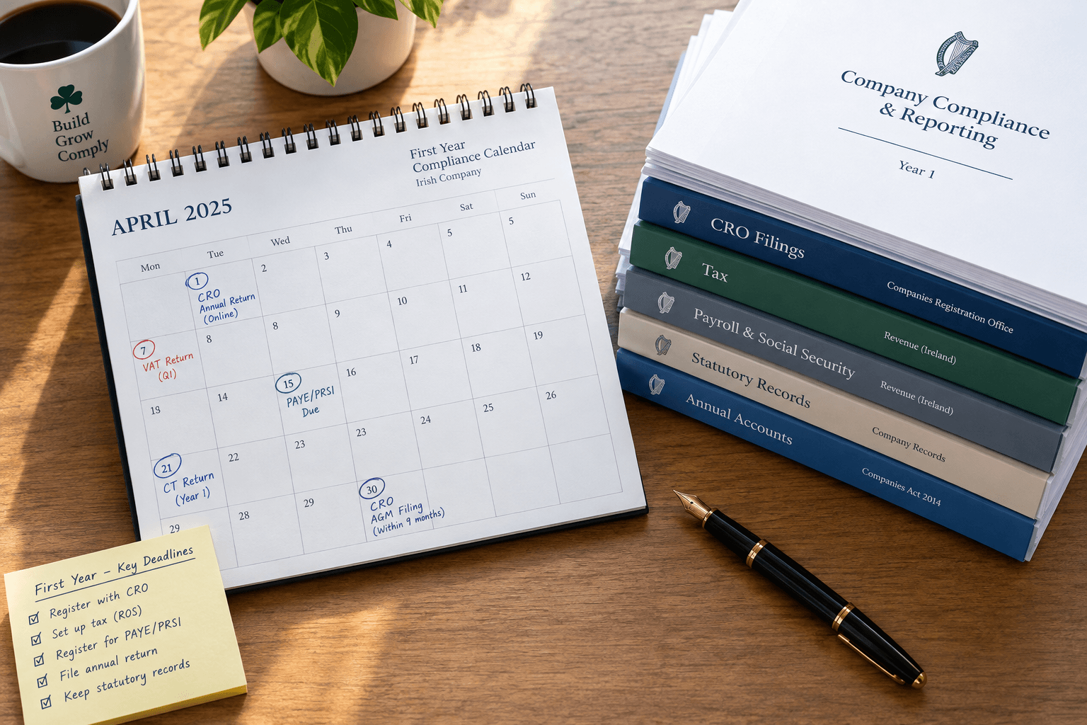 A desk calendar with filing deadlines marked for a new Irish company's first year.