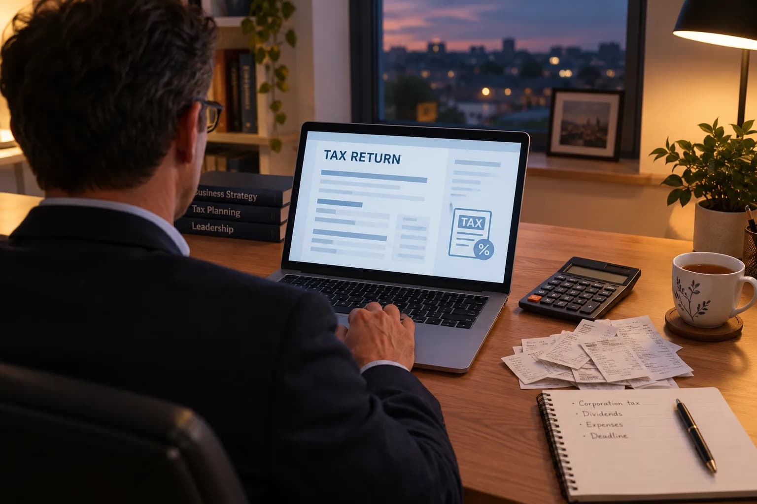 A company director working on a tax return on a laptop in the evening, with receipts, a calculator and notes.