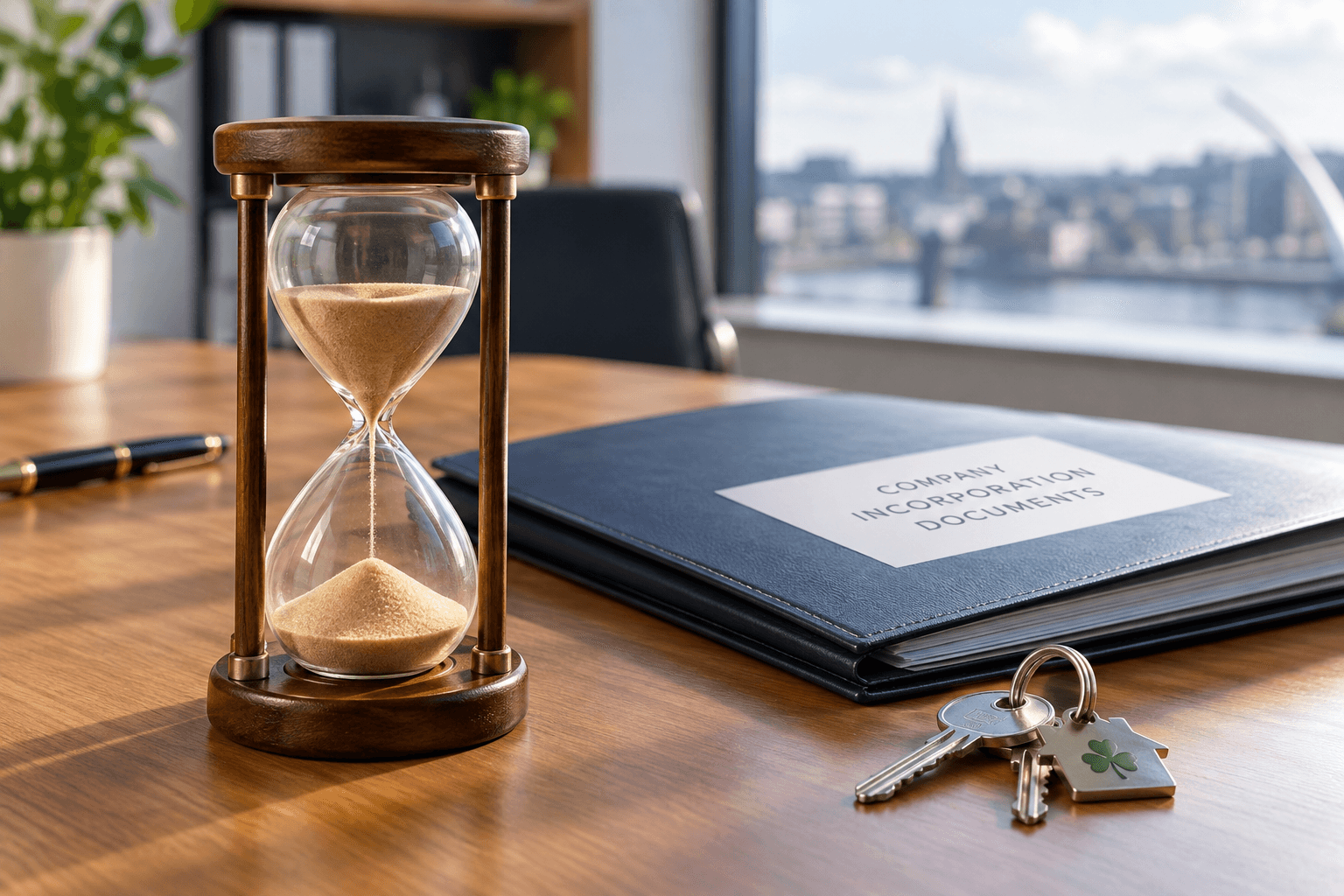 An hourglass beside company formation paperwork on an office desk.