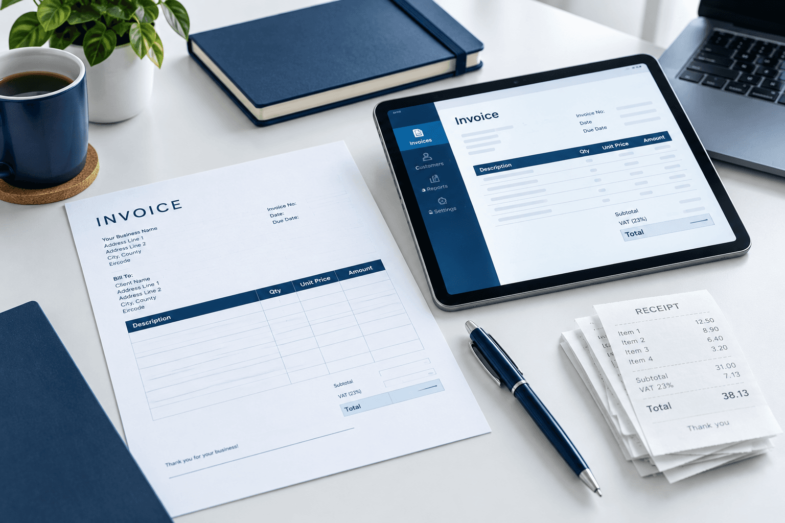 A printed VAT invoice and calculator on a desk beside a laptop.