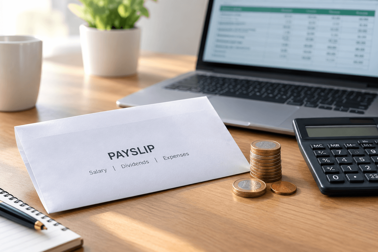 A company director reviewing a payslip and a calculator at a desk.
