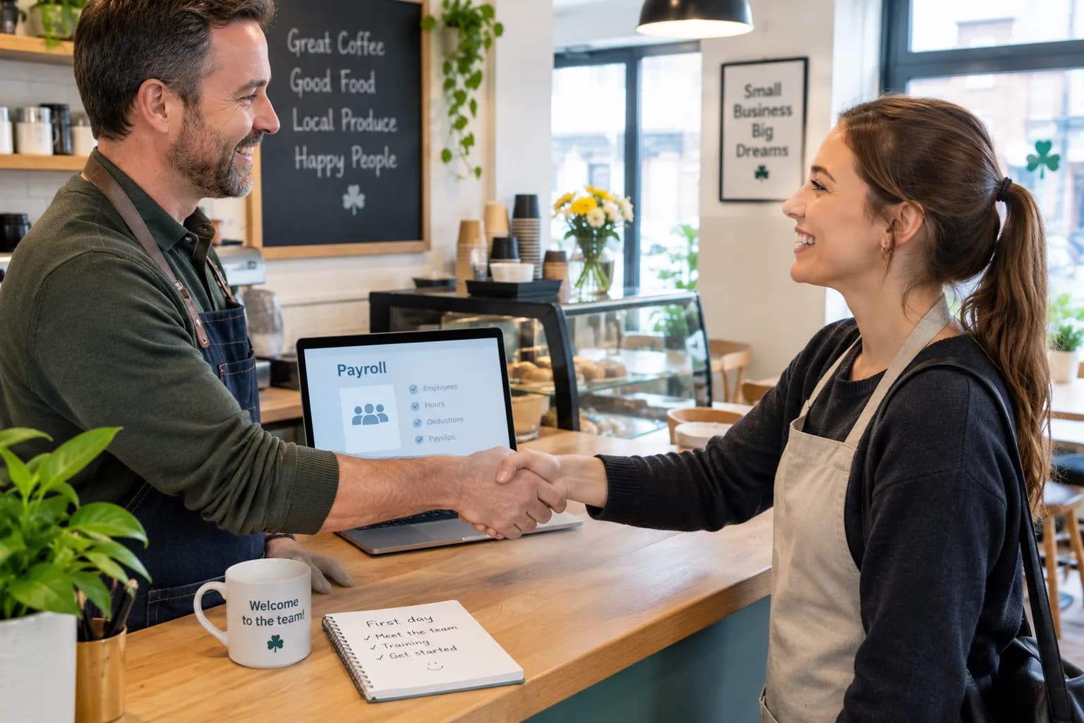 A café owner shaking hands with a new employee on her first day, with a payroll screen on the laptop.