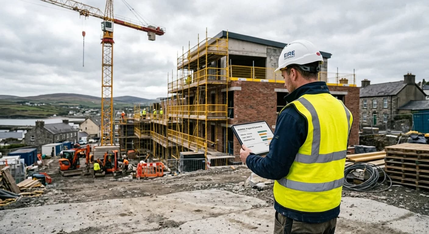 A site manager in a hi-vis vest checking a tablet in front of a building under construction.