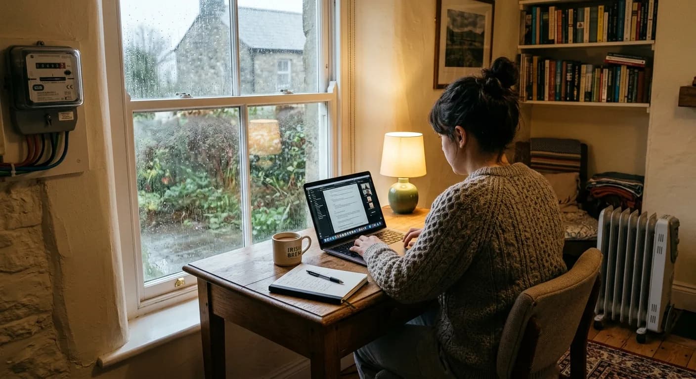 A woman working from home at a small desk by a rainy window, with an electricity meter and a heater nearby.