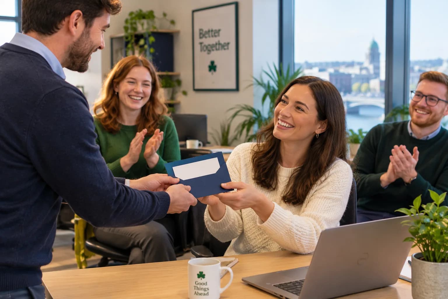 A manager handing a staff member a gift voucher envelope while colleagues applaud.
