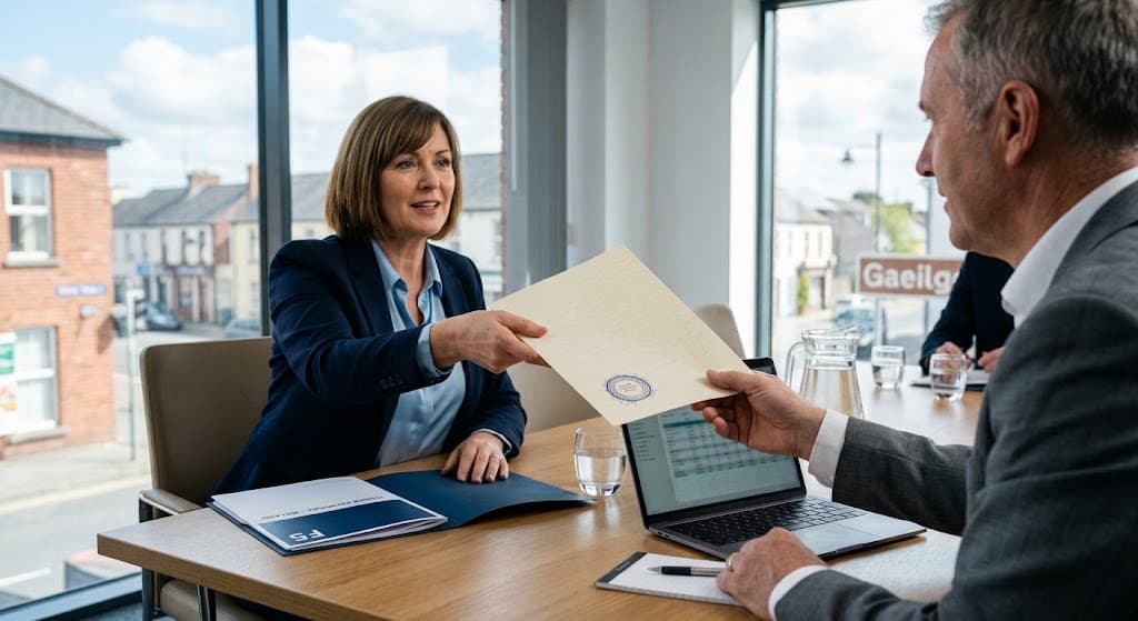 A business owner preparing a public tender submission with documents and a laptop.