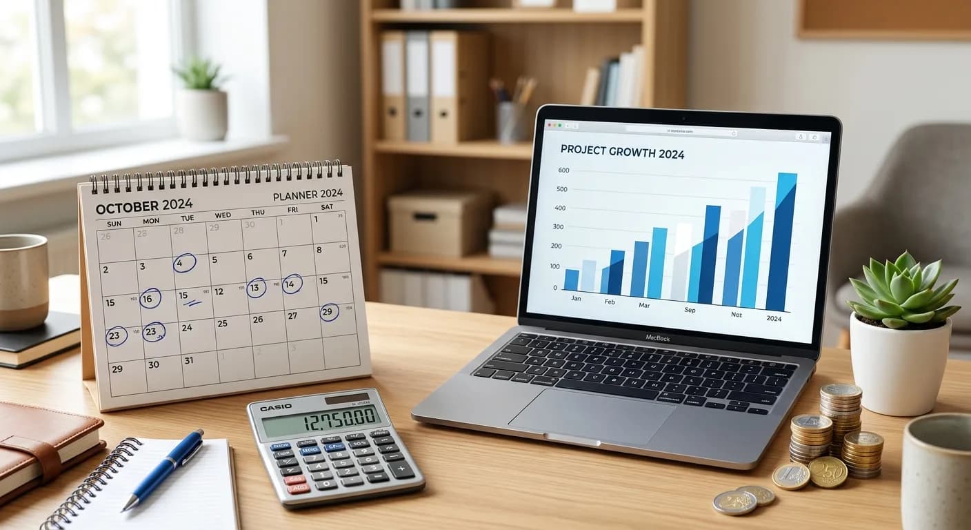 A desk with a calendar of circled payment dates, a calculator, coins and a laptop showing a growth chart.