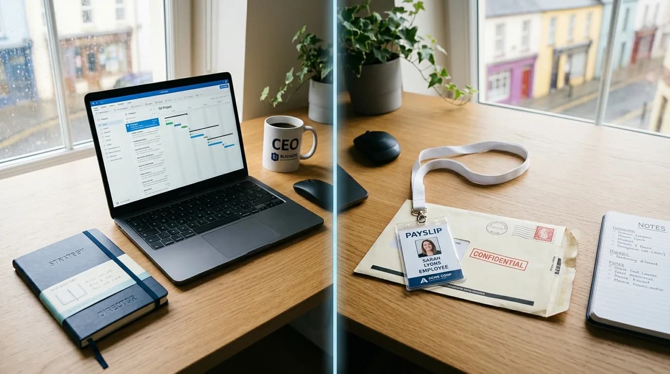A split desk: a director's laptop and notebook on one side, an employee's payslip and ID badge on the other.