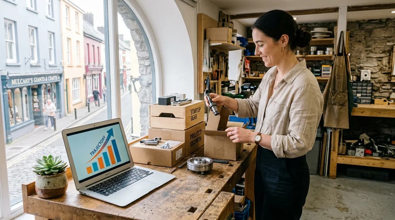 A founder unpacking start-up equipment at a workbench in a small shop, with a laptop showing a growth chart.